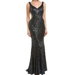 Issue Sequin Embellished V-Neck Open Back Gown Navy Size 8 NWT